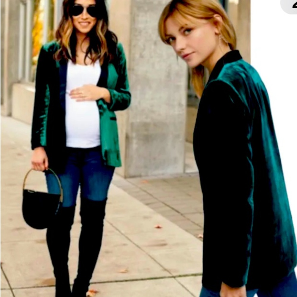 Anthro Cartonnier Velvet Long Blazer Jacket Black Satin Lapel Green